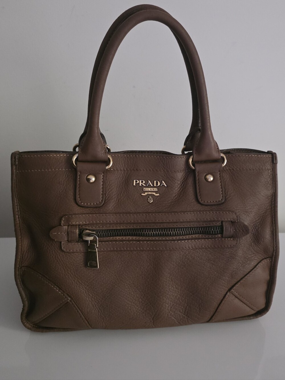 Prada Brown Leather Shoulder Tote with Front Zip Pocket